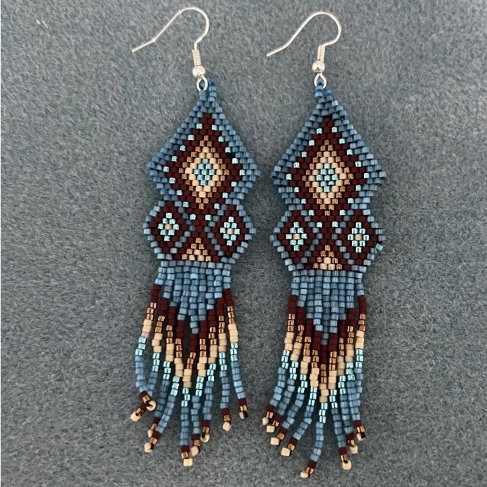 Beaded blue triangle earring with fringe
